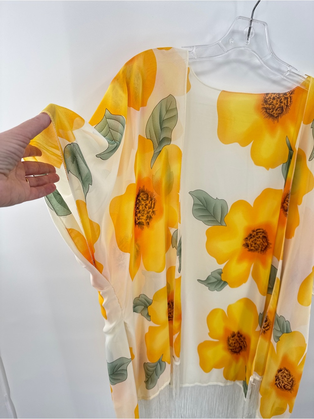 Sheer Floral Kimono Cover Up Yellow Orange Boho Fringe Hem Lightweight Summer - Picture 4 of 8